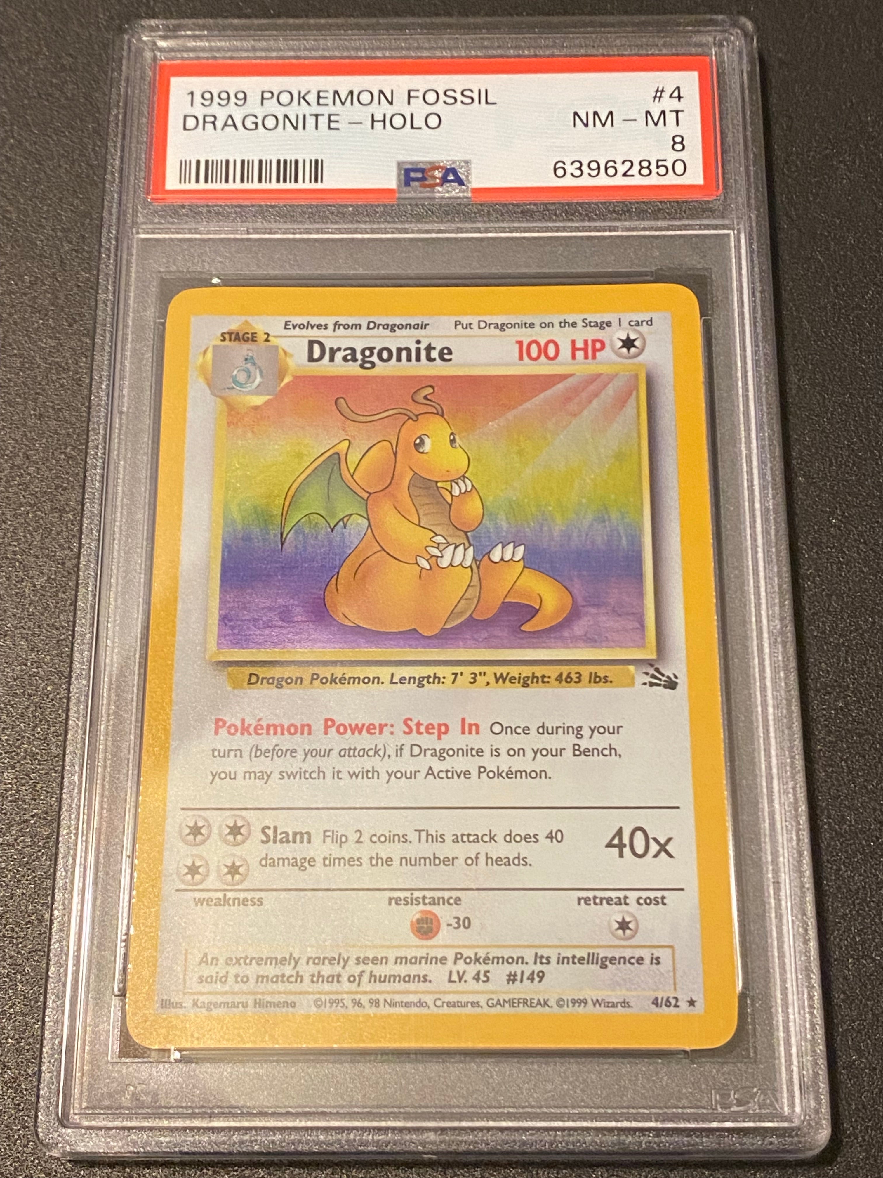 1999 Pokemon Fossil Dragonite - Holo - PSA 8